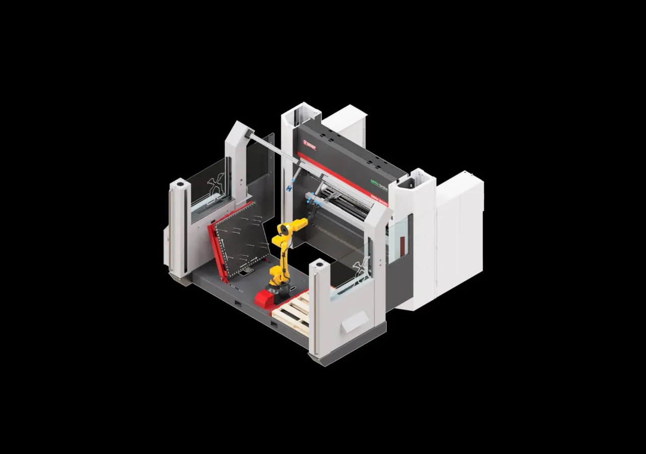 Isometric CAD render of a TWA robotic press-brake tending cell with a FANUC six-axis robot