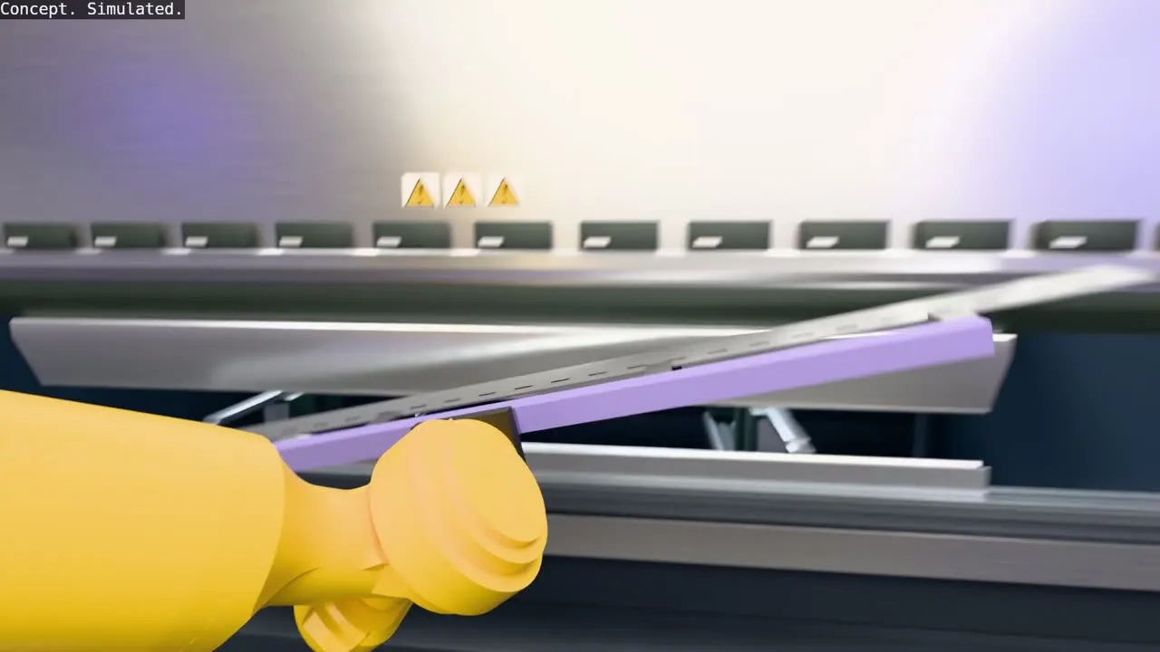 A simulation: a robot wrist carries a part into press brake tooling