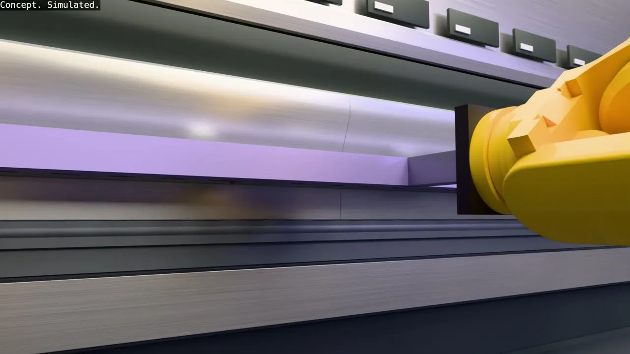 A simulation: low along a press brake bed through the first bend