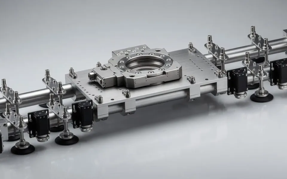 An example of TWA custom vacuum tooling: a machined aluminum frame carrying banks of suction cups on a studio floor. This is not the customer's tool and the customer's floor is not shown.