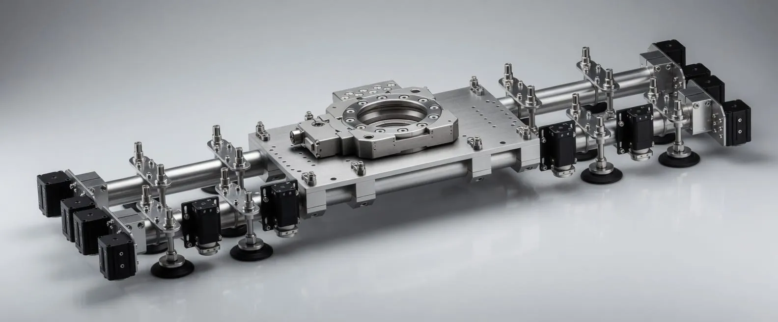 An example of TWA custom vacuum tooling: a machined aluminum frame carrying banks of suction cups on a studio floor. This is not the customer's tool and the customer's floor is not shown.